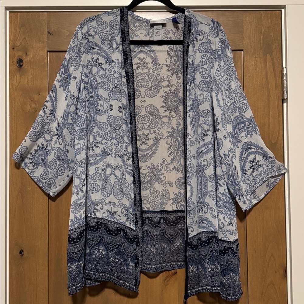 CATHERINES Blue Paisley Open Front Short Sleeve Kimono cover up Womens 2X Petite